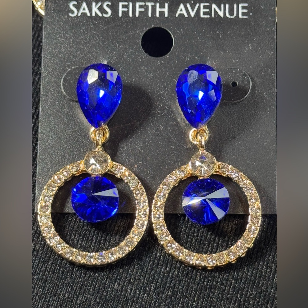 Bold Blue Crystal Gold Statement Earrings Saks Fifth Avenue 1.5in